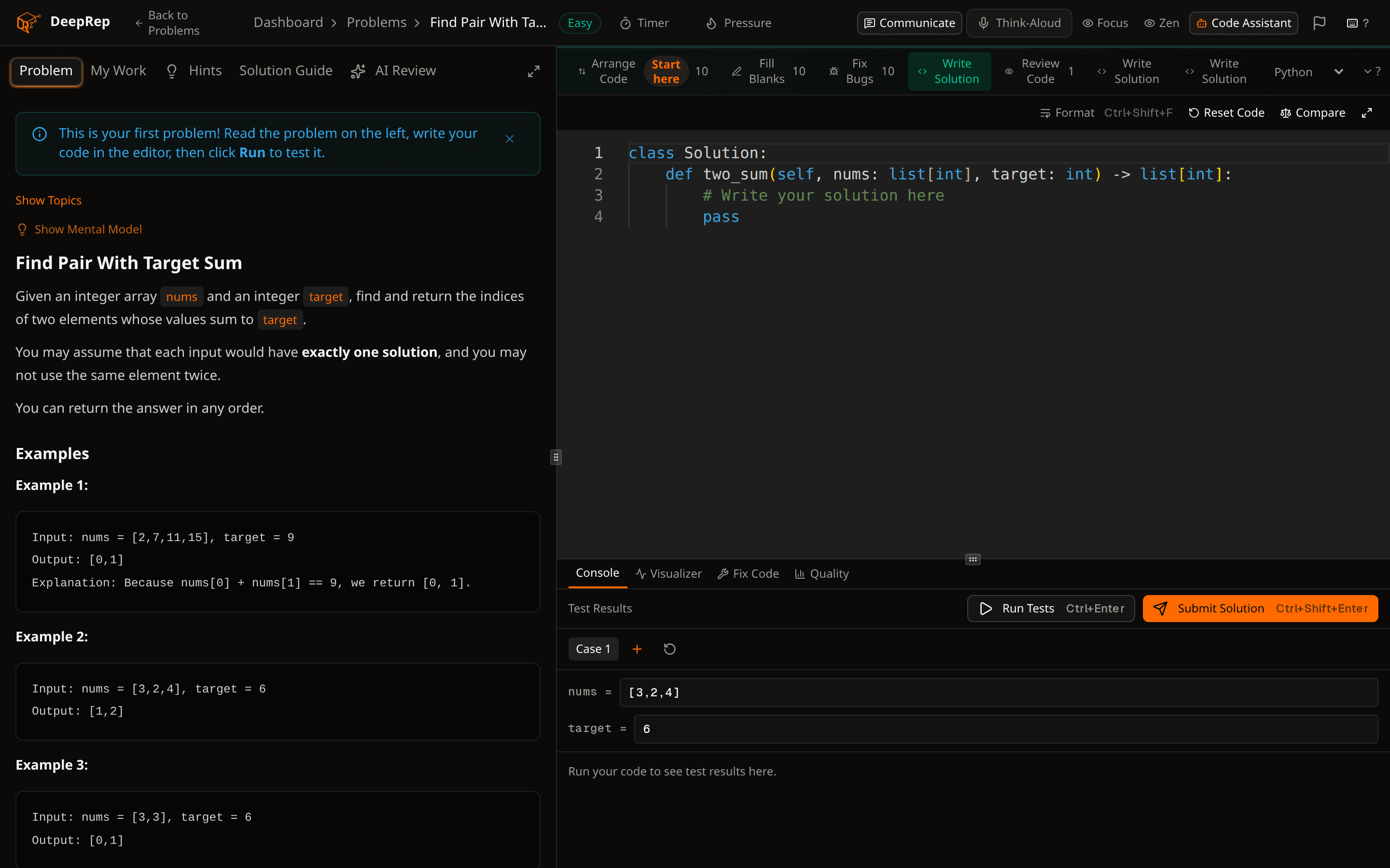DeepRep code editor with five practice modes, syntax-highlighted Python code, and test cases